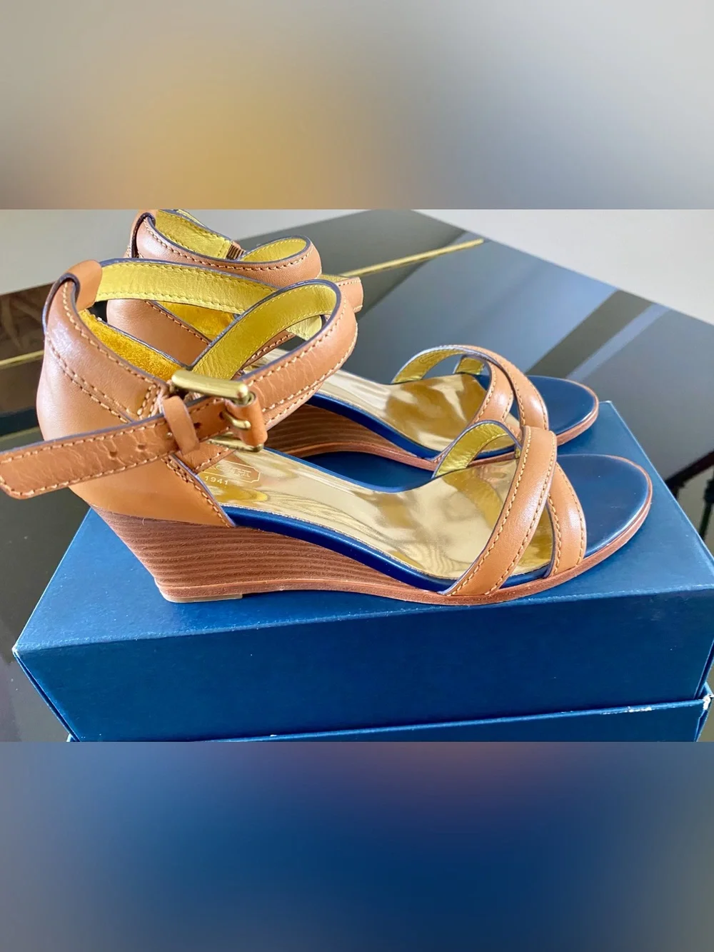 Coach Tan Leather Wedge Sandals with Gold Color Lining